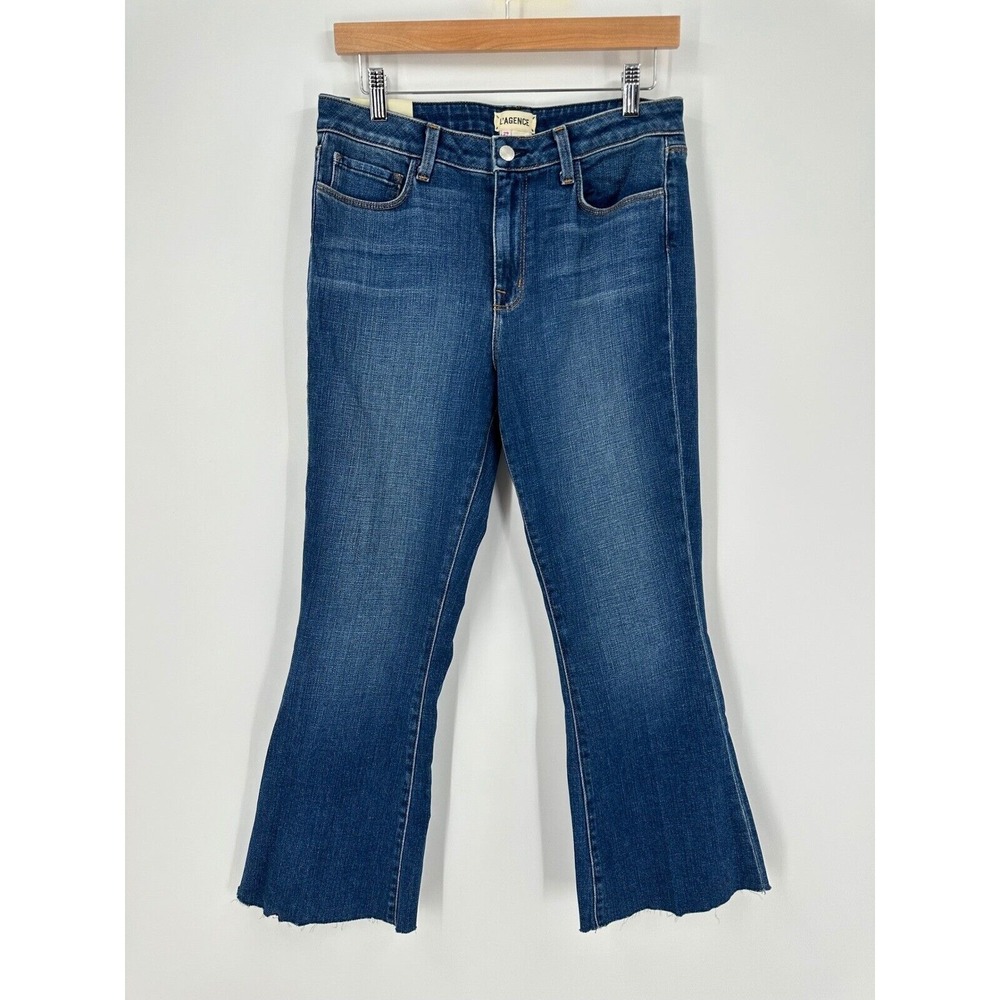 L'Agence Denim Sophia Crop Flare HR 29‎ New Jeans Raw Hem Dark Wash Stretch